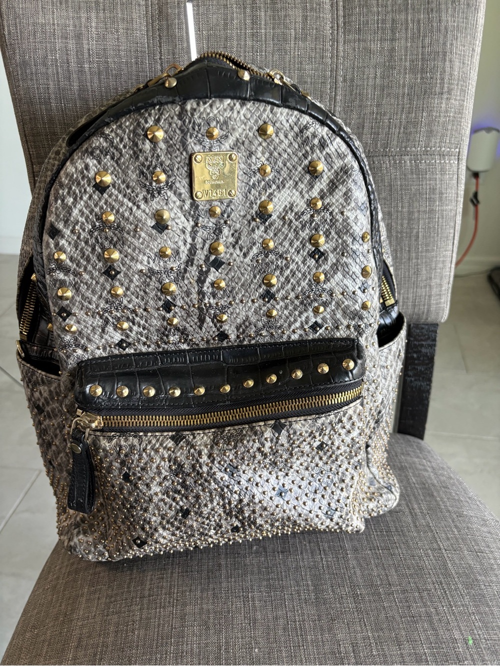 MCM Visetos Studded Mini Backpack - Black & Beige Snakeskin - Picture 9 of 13